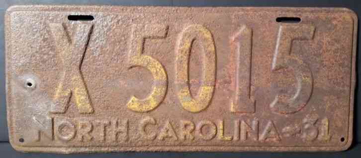 1931 North Carolina License Plate, Tag #X-5015, Vintage