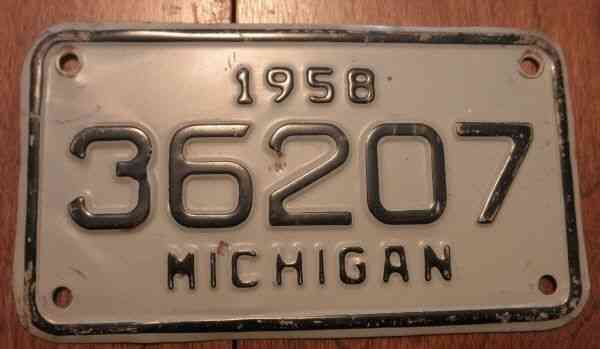 1958 Michigan Motorcycle License Plate Number 36207