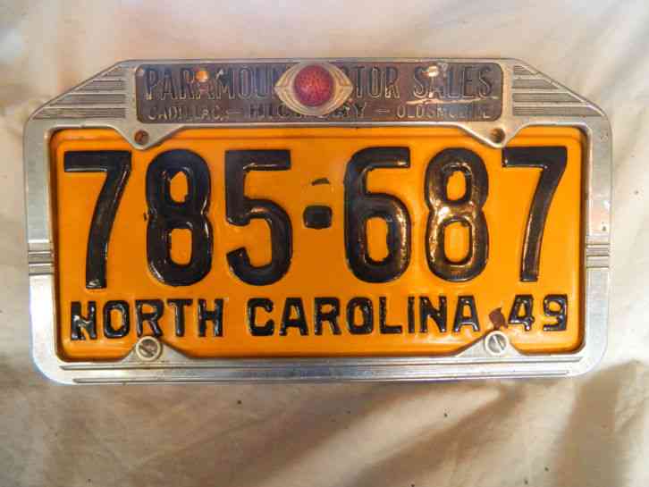 Antique License Plate Wframe 1949 North Carolina Excelent