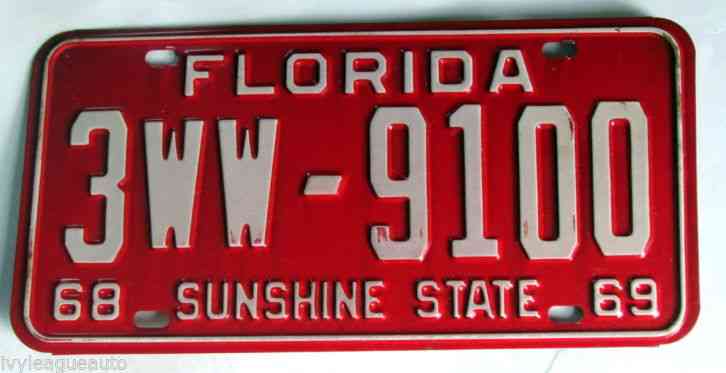 Florida 1968 1969 License Plate 3ww 9019 Sunshine State
