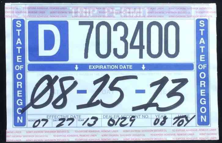 Oregon 2013 Paper Temporary License Plate 