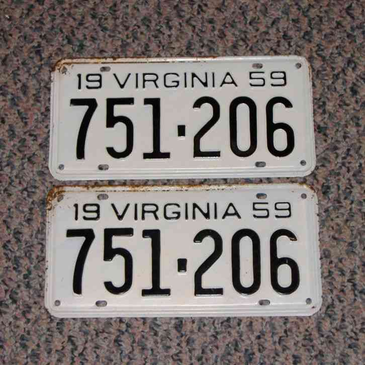 VINTAGE MATCHED PAIR 1959 VIRGINIA CAR LICENSE PLATES